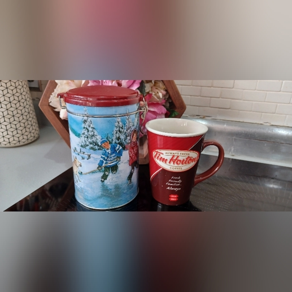 Tim Hortons 2012 Always Fresh Coffee Mug and Skating Pond Tin Canister